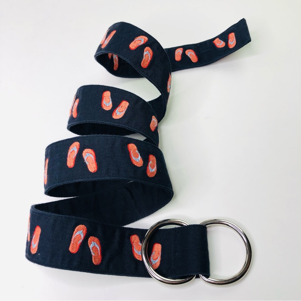 J Crew D-ring Loops Waist Canvas Belt 45" Flip Flops Pattern Navy Blue for Jeans